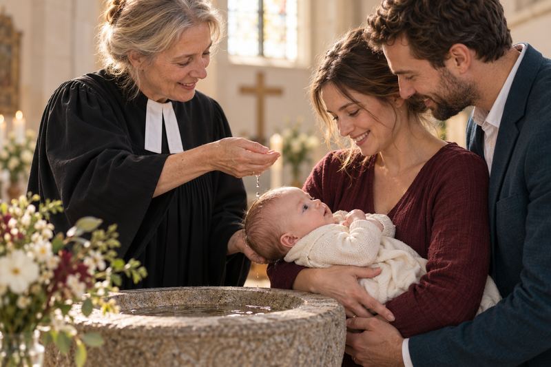 Eine Pfarrerin im Talar tauft ein Baby am Taufstein; die Eltern halten das Kind.