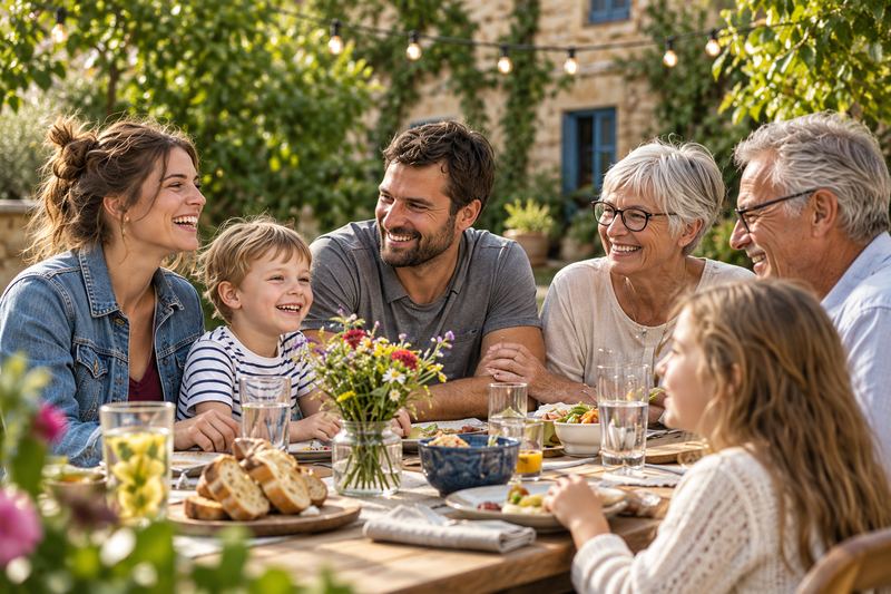 Mehrere Generationen sitzen an einem gedeckten Tisch im Freien und lachen miteinander.