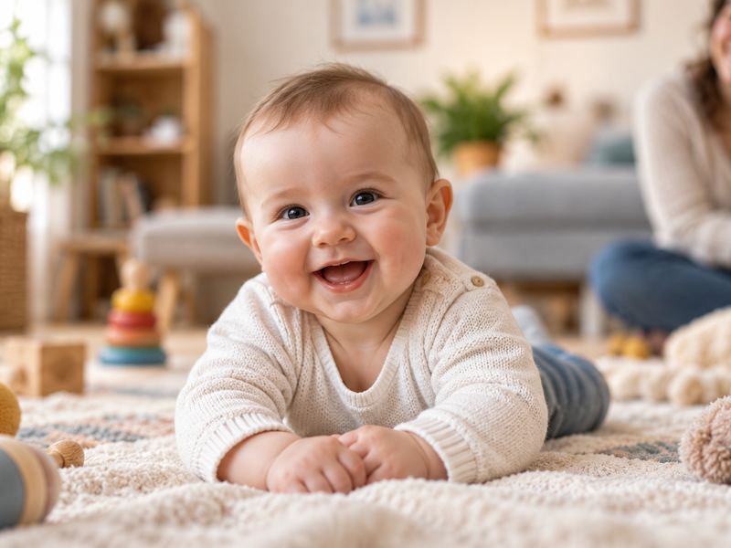 Ein Baby auf einer Decke greift nach einem Spielzeug.