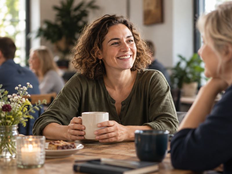 Erwachsene sitzen im Gespräch bei Kaffee zusammen.