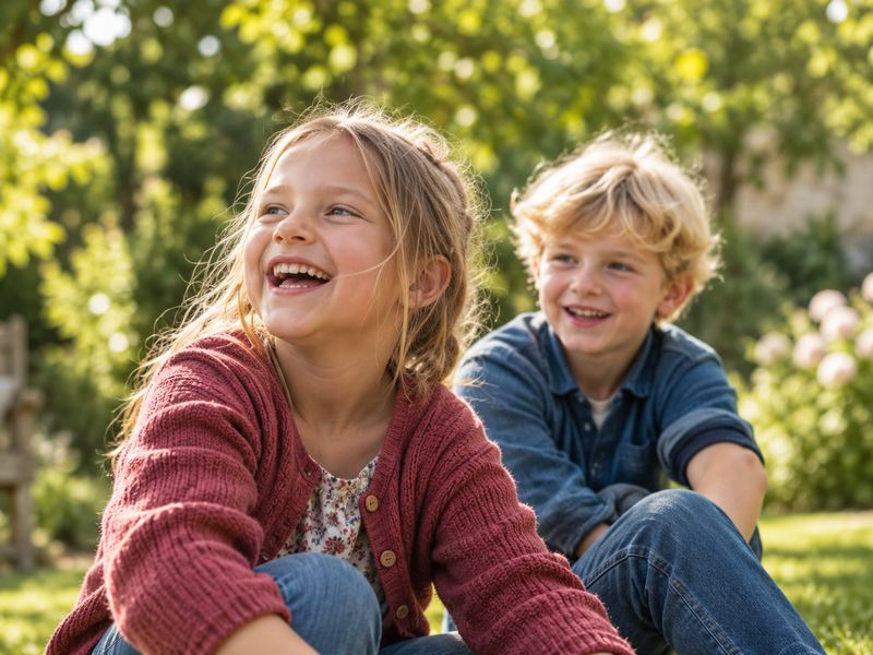Zwei Kinder spielen lachend im Freien.