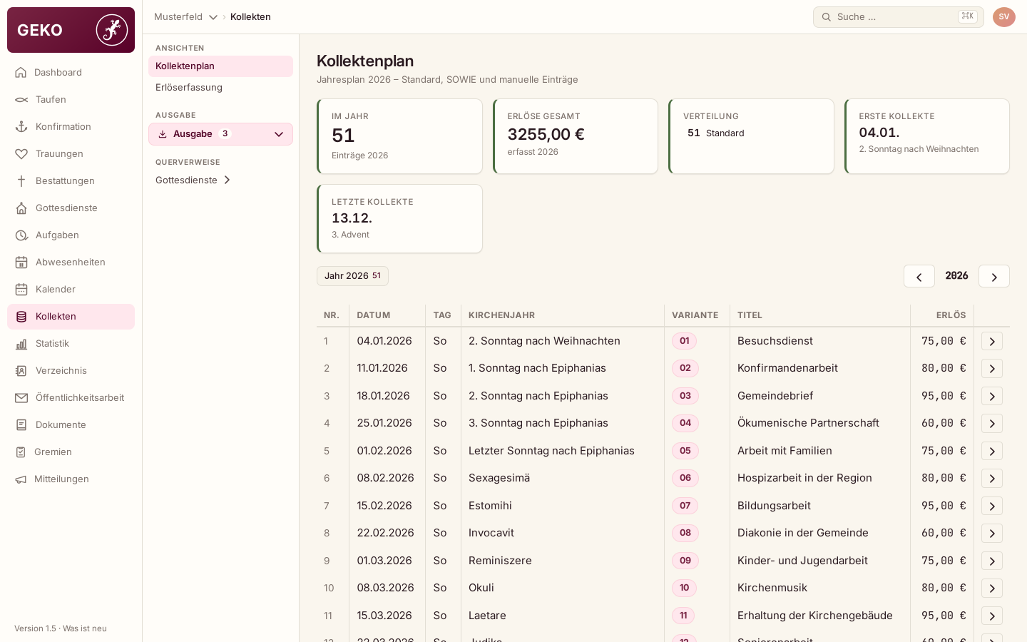 Kollektenplan eines Jahres mit Datum, Sonntag und Zweck; bei vergangenen Sonntagen steht der Erlös.