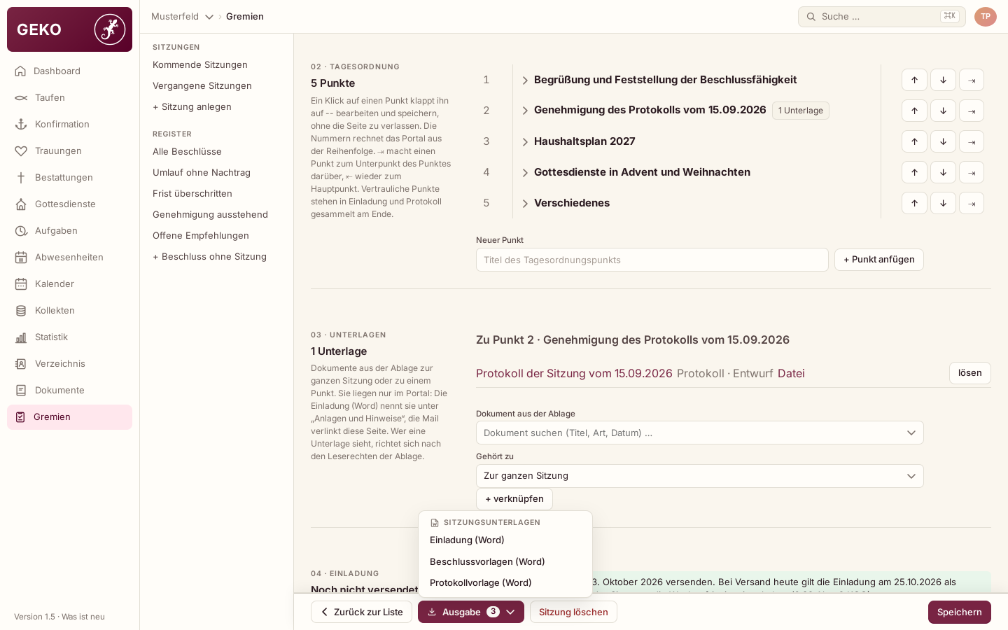 Kommende Sitzung des Kirchenvorstands mit fünf Tagesordnungspunkten und geöffnetem Menü für Einladung und Protokollvorlage.