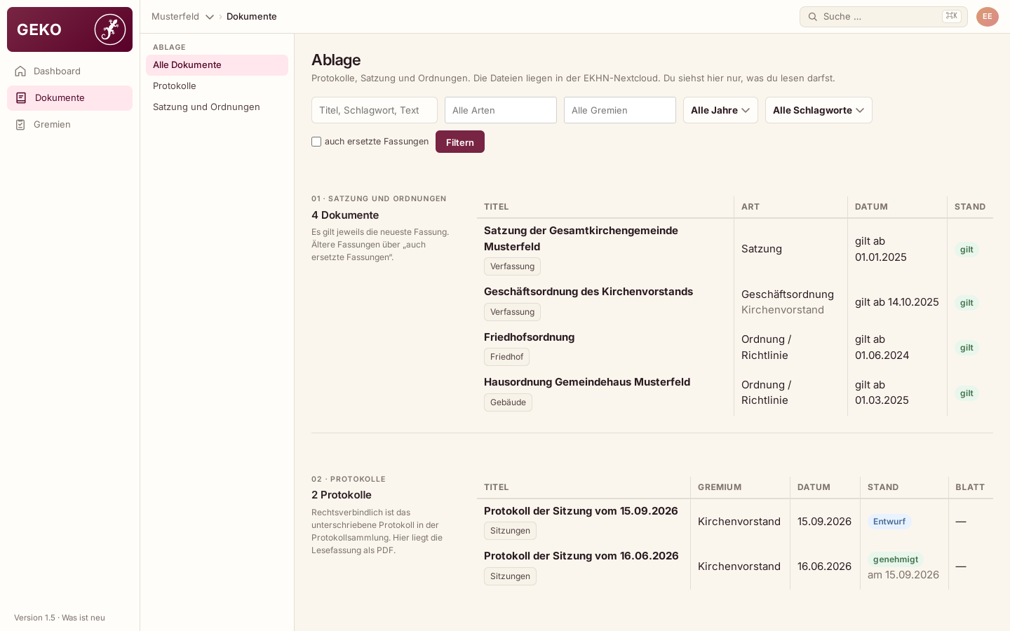 Liste der Dokumente mit Satzung, Ordnungen und Protokollen und einem Suchfeld.