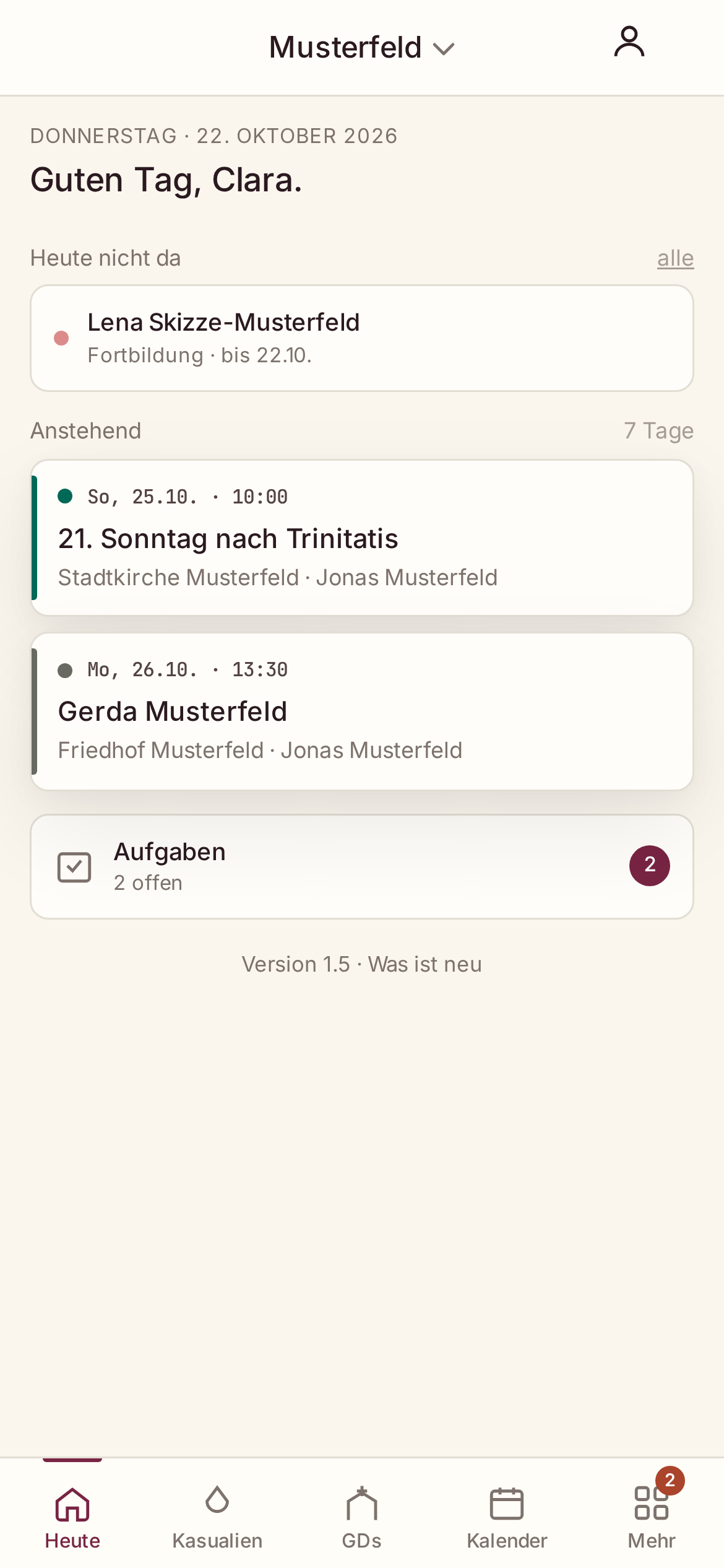 Startseite am Telefon mit „Heute nicht da“, den nächsten Terminen und der Leiste unten.